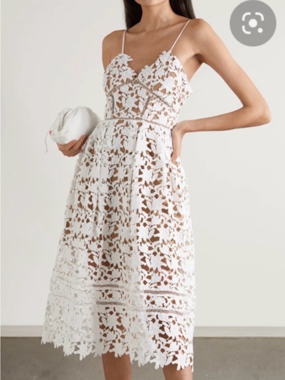 Self-Portrait White Floral Lace Midi Dress with Spaghetti Straps